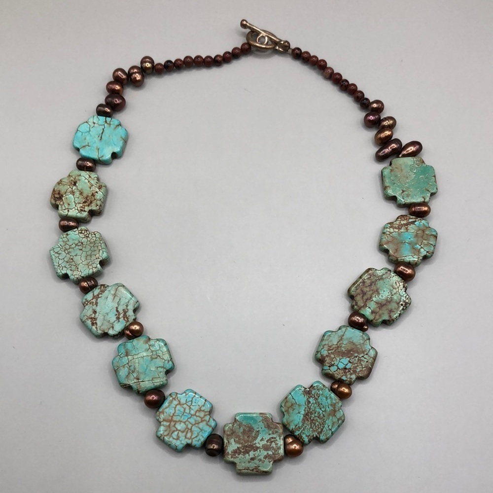 Artisan, turquoise, cross like shape bead and pearls necklace-statement look.
